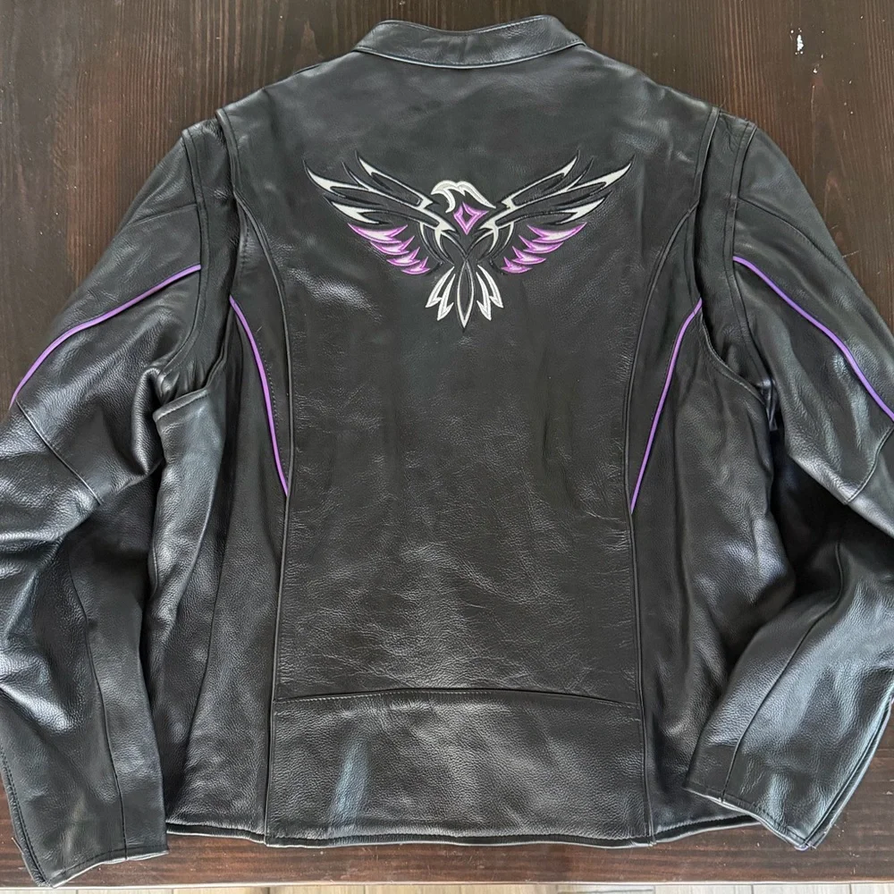 Women's Black Leather Motorcycle Jacket with Purple Embroidered Phoenix